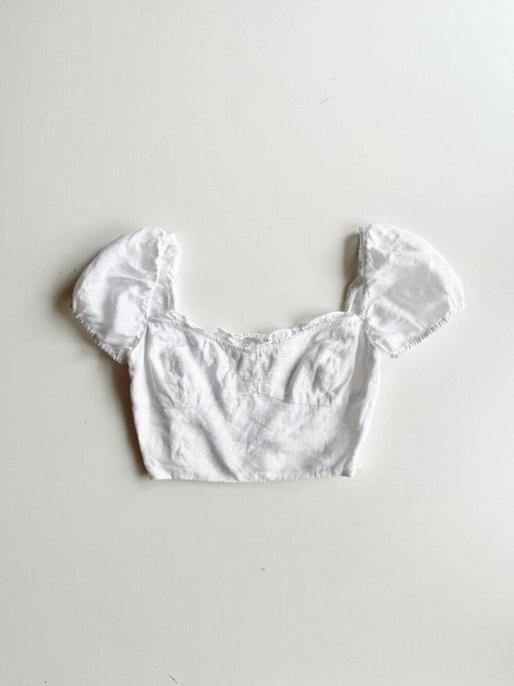 Aritzia WILFRED Wander White Linen Cropped Puff Sleeve Bustier Blouse, Size 2XS